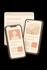 Two phones and a browser card representing native apps and web shop.