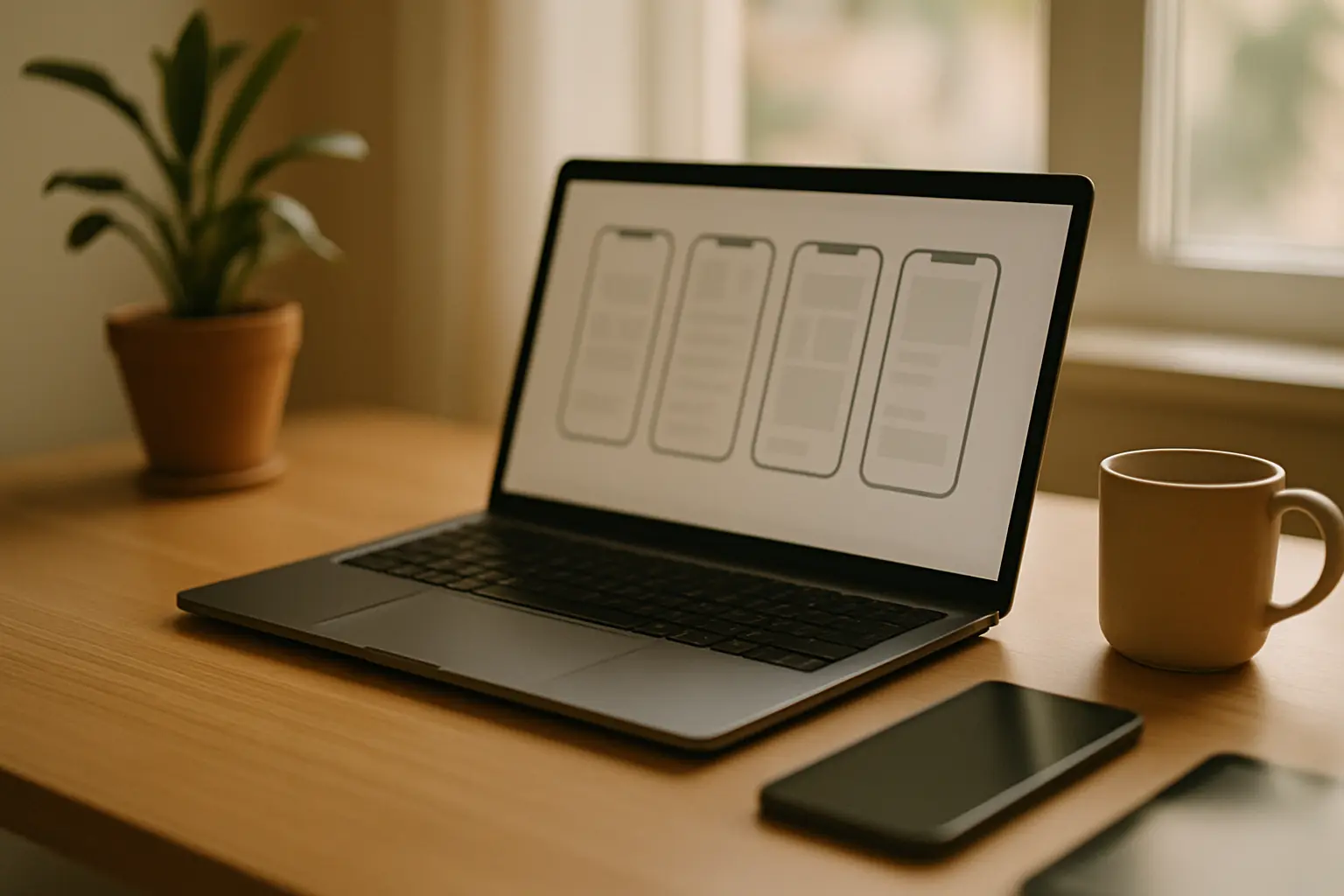 Developers manager’s desk with non-legible mobile designs on a laptop.